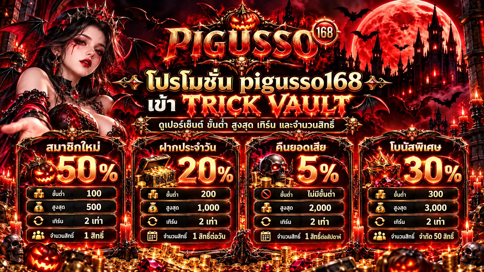 โปรโมชั่น pigusso168 เข้า TRICK VAULT รวมสมาชิกใหม่ ฝากประจำวัน คืนยอดเสีย และโบนัสพิเศษ พร้อมเงื่อนไขหลัก